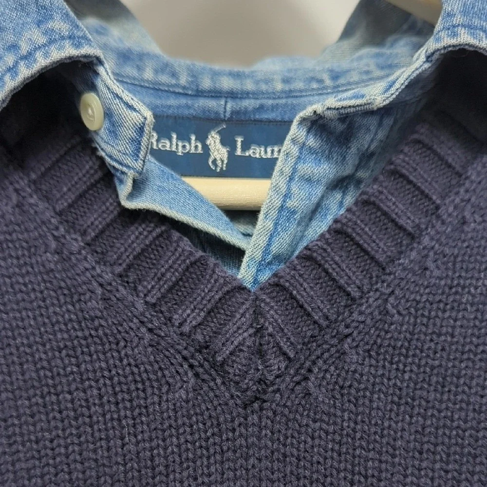 Vintage 90s J. Crew Sweater Vest Navy Blue‎ Cream Red Stripe Cotton Preppy Large